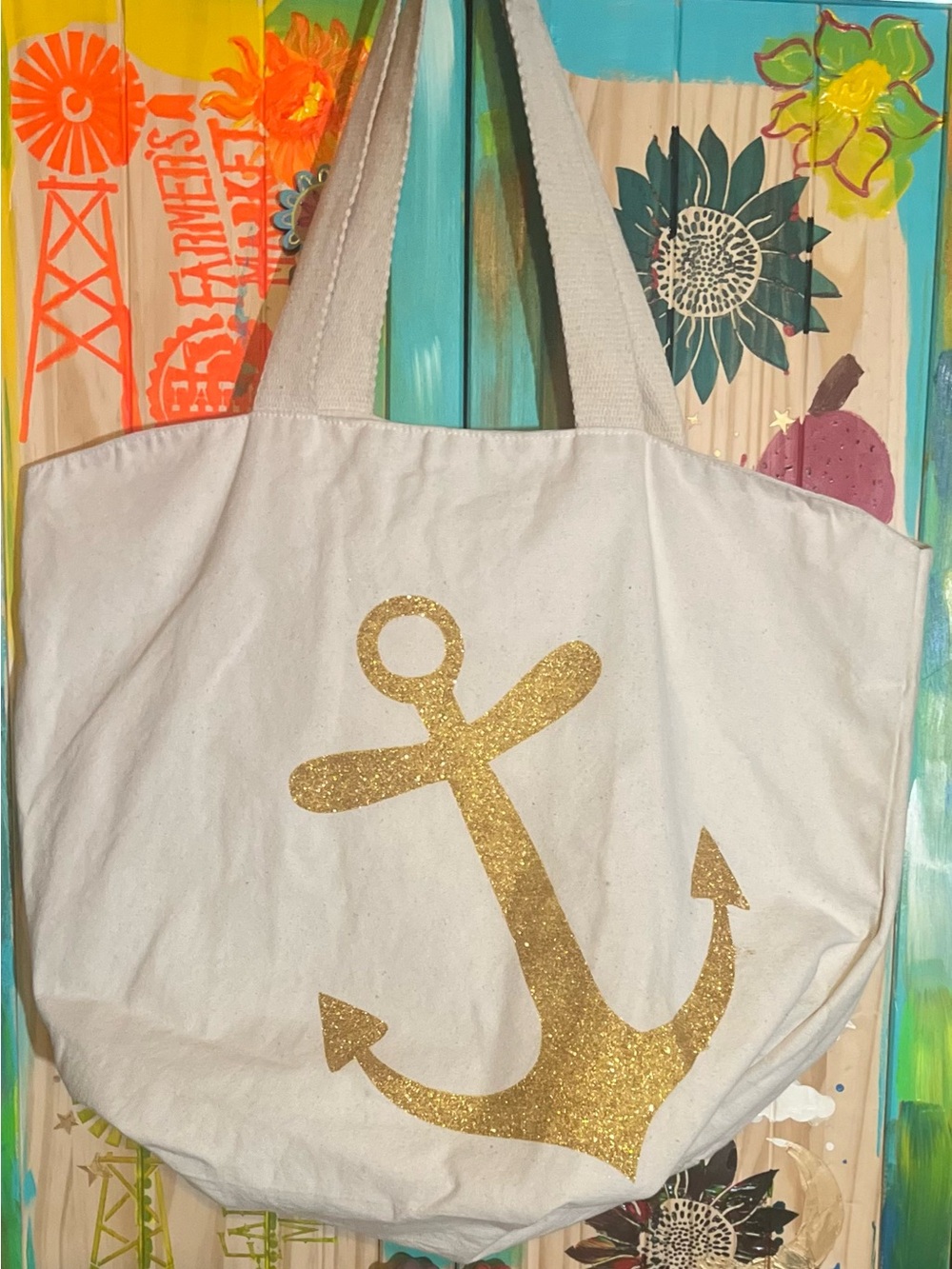 Gold Glitter Anchor Canvas Tote Bag | Beach Bag | Nautical | Pre-Loved
